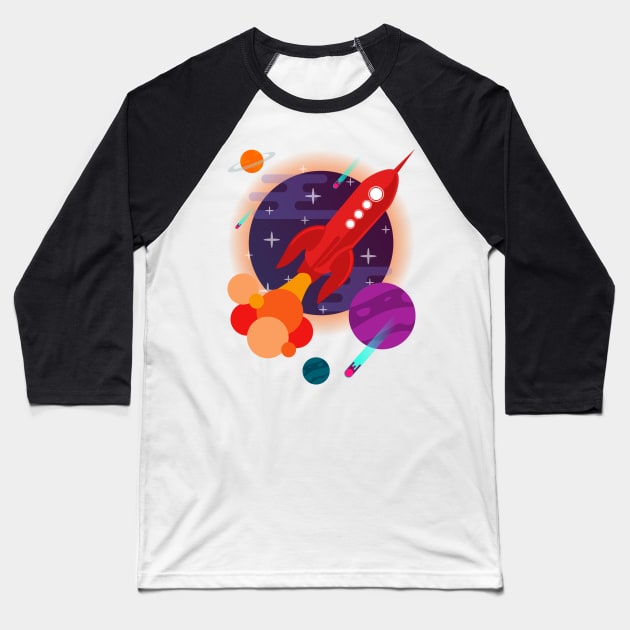 Red Rocket ship exploring space Baseball T-Shirt by InkyArt